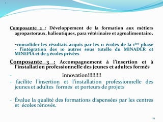 .
Composante 2 : Développement de la formation aux métiers
agropastoraux, halieutiques, para vétérinaire et agroalimentaire.
-consolider les résultats acquis par les 11 écoles de la 1ère phase
- l’intégration des 10 autres sous tutelle du MINADER et
MINEPIA et de 5 écoles privées
Composante 3 : Accompagnement à l’insertion et à
l’installation professionnelle des jeunes et adultes formés
- innovation!!!!!!!!!
- facilite l’insertion et l’installation professionnelle des
jeunes et adultes formés et porteurs de projets
- Évalue la qualité des formations dispensées par les centres
et écoles rénovés.
19
 