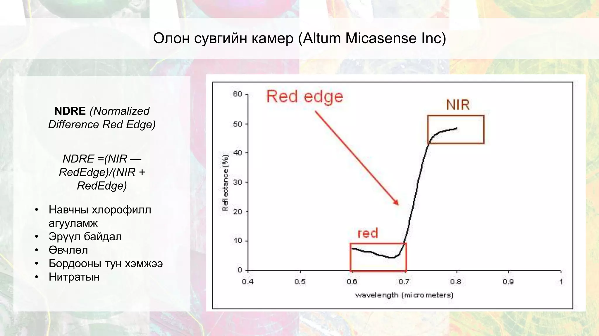 Олон сувгийн камер (Altum Micasense Inc)
NDRE (Normalized
Difference Red Edge)
NDRE =(NIR —
RedEdge)/(NIR +
RedEdge)
• Навчны хлорофилл
агууламж
• Эрүүл байдал
• Өвчлөл
• Бордооны тун хэмжээ
• Нитратын
 