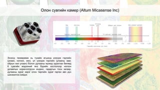Олон сувгийн камер (Altum Micasense Inc)
Энэхүү төхөөрөмж нь тухайн агшинд үзэгдэх гэрлийн
(улаан, ногоон, хөх), үл үзэгдэх гэрлийн (улааны зааг,
ойрын нил улаан) болон дулааны мужид зураглах бөгөөд
6 сувгийн мэдээний янз бүрийн хослолоор ногоон
ургамлын нормчлогдсон индекс, гадаргын тоон загвар,
дулааны зураг зэрэг олон төрлийн зураг гарган авч дүн
шинжилгээ хийдэг.
 