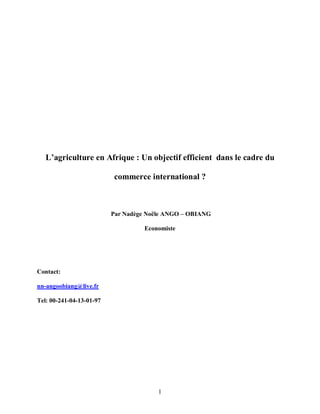 1
L’agriculture en Afrique : Un objectif efficient dans le cadre du
commerce international ?
Par Nadège Noële ANGO – OBIANG
Economiste
Contact:
nn-angoobiang@live.fr
Tel: 00-241-04-13-01-97
 