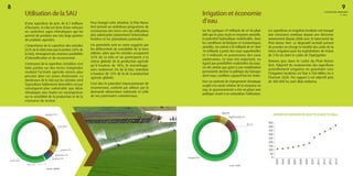 Sur les quelques 29 milliards de m3
de pluie
utile que le pays reçoit en moyenne annuelle,
le potentiel hydraulique mobilisable, dans
les conditions techniques et économiques
actuelles, est estimé à 20 milliards de m3
dont
16 milliards à partir des eaux superficielles
et 4 milliards en provenance des eaux
souterraines. Ce taux très important, eu
égard aux possibilités matérielles du pays,
n’a été atteint que grâce à une mobilisation
permanente derrière la politique des barrages
dont nous cueillons aujourd’hui les fruits.
Face au contexte de changement climatique
couplé à la rareté relative de la ressource en
eau, le gouvernement a mis en place une
politique visant à en rationaliser l’utilisation.
UtilisationdelaSAU Irrigation et économie
d’eau
Céréales 52 %
Fouragères 5 %
Jachère 20 %
Plantations 15 %
Légumineuses 4 %
Maraîchage 3 %
Autres 1 %
Source : MAPM
Pour changer cette situation, le Plan Maroc
Vert prévoit un ambitieux programme de
reconversion des terres vers des utilisations
plus valorisantes notamment l’arboriculture
fruitière et les plantations pastorales.
Ces potentiels sont en outre suggérés par
les différentiels de rentabilité de la terre
utilisée: alors que les céréales accaparent
52% de la SAU et ne participent à la
valeur globale de la production agricole
qu’à hauteur de 18%, le maraichage,
avec seulement 3% de la SAU, contribue
à hauteur de 12% de la de la production
agricole globale.
C’est dire le potentiel impressionnant de
reconversion, conforté par ailleurs par la
demande alimentaire nationale et celle
de nos partenaires commerciaux.
D’une superficie de près de 8,7 millions
d’hectares, la SAU est forte d’une richesse
en systèmes agro-climatiques qui lui
permet de produire une très large gamme
de produits agricoles.
L’importance de la superficie des céréales
(52% de la SAU) ainsi que la jachère (20% de
la SAU), témoignent des énormes possibilités
d’intensification et de reconversion.
L’extension de la superficie céréalière s’est
faite parfois sur des terres marginales
rendant l’activité agricole encore plus
précaire dans ces zones d’extension. La
dominance de la SAU par les céréales rend
l’agriculture faiblement diversifiée est par
conséquent plus vulnérable aux aléas
climatiques avec toutes ses conséquences
sur la variabilité de la production et de la
croissance du secteur.
Les superficies en irrigation localisée ont marqué
une croissance continue depuis une décennie
notamment depuis 2008 avec le lancement du
Plan Maroc Vert. Le dispositif incitatif prévoit
de prendre en charge la totalité des coûts de la
micro-irrigation pour les exploitations de moins
de 5 ha ou dans le cadre de l’agrégation.
Notons que dans le cadre du Plan Maroc
Vert, l’objectif de reconversion des superficies
actuellement irriguées en gravitaire vers
l’irrigation localisée est fixé à 550 Milles ha à
l’horizon 2020. Par rapport à cet objectif près
de 400 000 ha sont déjà réalisées.
Pluviale 83 %
Irriguée privée 6 %
GH 7 %
PMH 4 %
Source : MAPM
SUPERFICIE IRRIGUÉE EN GOUTTE À GOUTTE (Kha)
450
400
350
300
250
200
150
100
50
0
2003
2004
2006
2007
2008
2009
2010
2011
2012
2012
2014
L'AGRICULTURE MAROCAINE
en chiffres
98
 