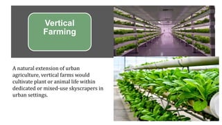 Vertical
Farming
A natural extension of urban
agriculture, vertical farms would
cultivate plant or animal life within
dedicated or mixed-use skyscrapers in
urban settings.
 