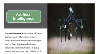 Artificial
Intelligence
Air & soil sensors: Fundamental additions
to the automated farm, these sensors
would enable a real time understanding of
current farm, forest or body of water
conditions. Scientifically viable in 2013;
mainstream and financially viable in 2015.
 