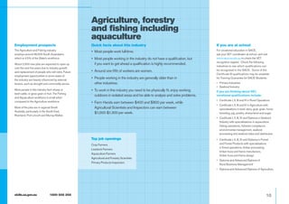 Agriculture, forestry
                                                    and fishing including
                                                    aquaculture
Employment prospects                                Quick facts about this industry                                              If you are at school
The Agriculture and Fishing industry                •	 Most people work full-time.                                               For vocational education in SACE,
employs around 36,500 South Australians,                                                                                         ask your VET coordinator at school, and visit
which is 4.5% of the State’s workforce.             •	  ost people working in the industry do not have a qualification, but 	
                                                       M                                                                         www.sace.sa.edu.au to check the VET
                                                                                                                                 recognition register. Check the following
About 2,500 new jobs are expected to open up           if you want to get ahead a qualification is highly recommended.
                                                                                                                                 industries to see which qualifications can
over the next five years due to industry growth
                                                    •	 Around one fifth of workers are women.                                    be recognised in the SACE. Some of the
and replacement of people who will retire. Future
                                                                                                                                 Certificate III qualifications may be available
employment opportunities in some areas of
the industry are heavily influenced by external
                                                    •	  eople working in the industry are generally older than in 	
                                                       P                                                                         for Training Guarantee for SACE Students.

factors, such as drought and commodity prices.         other industries.                                                         •	 Primary Industries
                                                                                                                                 •	 Seafood Industry
Most people in this industry farm sheep or          •	  o work in this industry you need to be physically fit, enjoy working
                                                       T                                                                         If you are thinking about VET,
beef cattle, or grow grain or fruit. The Fishing
                                                       outdoors in isolated areas and be able to analyse and solve problems.     vocational qualifications include:
and Aquaculture workforce is small when
compared to the Agriculture workforce.                                                                                           •	 Certificate I, II, III and IV in Rural Operations
                                                    •	  arm Hands earn between $400 and $800 per week, while
                                                       F
                                                                                                                                 •	  ertificate I, II, III and IV in Agriculture with
                                                                                                                                    C
Most of the jobs are in regional South                 Agricultural Scientists and Inspectors can earn between 	                    specialisations in beef, dairy, goat, grain, horse
Australia, particularly in the South East,
                                                       $1,000-$1,300 per week.                                                      breeding, pig, poultry, sheep/wool and sugar
Riverland, Port Lincoln and Murray Mallee.
                                                                                                                                 •	  ertificate I, II, III, IV and Diploma in Seafood
                                                                                                                                    C
                                                                                                                                    Industry with specialisations in aquaculture,
                                                                                                                                    fishing operations, fisheries compliance,
                                                                                                                                    environmental management, seafood
                                                                                                                                    processing and seafood sales and distribution
                                                    Top job openings                                                             •	  ertificate I, II, III, IV and Diploma in Forest
                                                                                                                                    C
                                                    Crop Farmers                                                                    and Forest Products with specialisations
                                                                                                                                    in forest operations, timber processing,
                                                    Livestock Farmers
                                                                                                                                    timber truss and frame manufacture,
                                                    Aquaculture Farmers
                                                                                                                                    timber truss and frame design
                                                    Agricultural and Forestry Scientists
                                                                                                                                 •	  iploma and Advanced Diploma of
                                                                                                                                    D
                                                    Primary Products Inspectors
                                                                                                                                    Rural Business Management
                                                                                                                                 •	  iploma and Advanced Diploma of Agriculture.
                                                                                                                                    D




skills.sa.gov.au 	              1800 506 266                                                                                                                                      10
 
