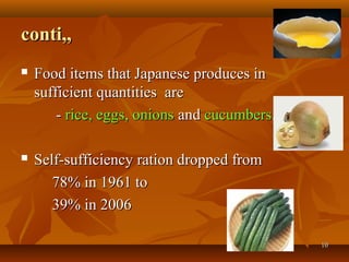1010
conti,,conti,,
 Food items that Japanese produces inFood items that Japanese produces in
sufficient quantities aresufficient quantities are
-- rice, eggs, onionsrice, eggs, onions andand cucumberscucumbers..
 Self-sufficiency ration dropped fromSelf-sufficiency ration dropped from
78% in 1961 to78% in 1961 to
39% in 200639% in 2006
 