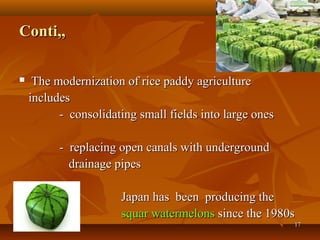 1717
Conti,,Conti,,
 The modernization of rice paddy agricultureThe modernization of rice paddy agriculture
includesincludes
- consolidating small fields into large ones- consolidating small fields into large ones
- replacing open canals with underground- replacing open canals with underground
drainage pipesdrainage pipes
Japan has been producing theJapan has been producing the
squar watermelonssquar watermelons since the 1980ssince the 1980s
 