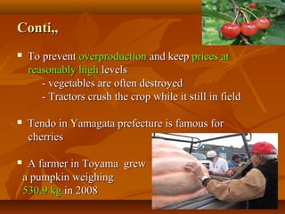 2929
Conti,,Conti,,
 To preventTo prevent overproductionoverproduction and keepand keep prices atprices at
reasonably highreasonably high levelslevels
- vegetables are often destroyed- vegetables are often destroyed
- Tractors crush the crop while it still in field- Tractors crush the crop while it still in field
 Tendo in Yamagata prefecture is famous forTendo in Yamagata prefecture is famous for
cherriescherries
 A farmer in Toyama grewA farmer in Toyama grew
a pumpkin weighinga pumpkin weighing
530.9 kg530.9 kg in 2008in 2008
 