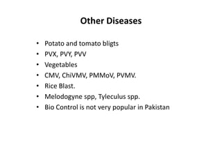 Other Diseases
• Potato and tomato bligts
• PVX, PVY, PVV
• Vegetables
• CMV, ChiVMV, PMMoV, PVMV.
• Rice Blast.
• Melodogyne spp, Tyleculus spp.
• Bio Control is not very popular in Pakistan
 