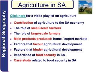 Regional Geography

Agriculture in SA
Click here for a video playlist on agriculture
Contribution of agriculture to the SA economy

The role of small-scale farmers
The role of large-scale farmers
Main products produced: home / export markets

Factors that favour agricultural development
Factors that hinder agricultural development
Importance of food security in SA

Case study related to food security in SA

 
