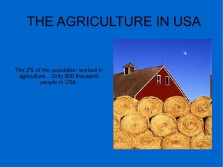 THE AGRICULTURE IN USA
The 2% of the population worked in
agriculture. , Only 800 thousand
people in USA.
 