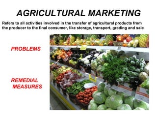 AGRICULTURAL MARKETING PROBLEMS REMEDIAL MEASURES Refers to all activities involved in the transfer of agricultural products from  the producer to the final consumer, like storage, transport, grading and sale 