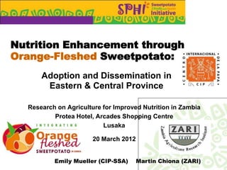 Nutrition Enhancement through
Orange-Fleshed Sweetpotato:
      Adoption and Dissemination in
       Eastern & Central Province

  Research on Agriculture for Improved Nutrition in Zambia
          Protea Hotel, Arcades Shopping Centre
                          Lusaka

                       20 March 2012


          Emily Mueller (CIP-SSA)      Martin Chiona (ZARI)
 