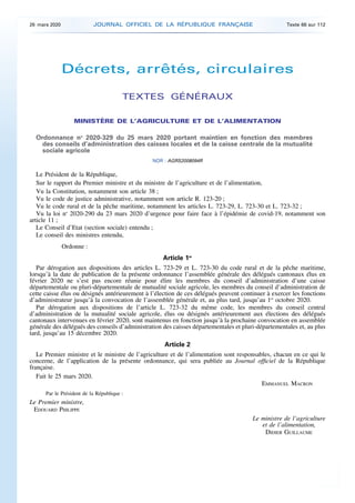 Décrets, arrêtés, circulaires
TEXTES GÉNÉRAUX
MINISTÈRE DE L’AGRICULTURE ET DE L’ALIMENTATION
Ordonnance no
2020-329 du 25...