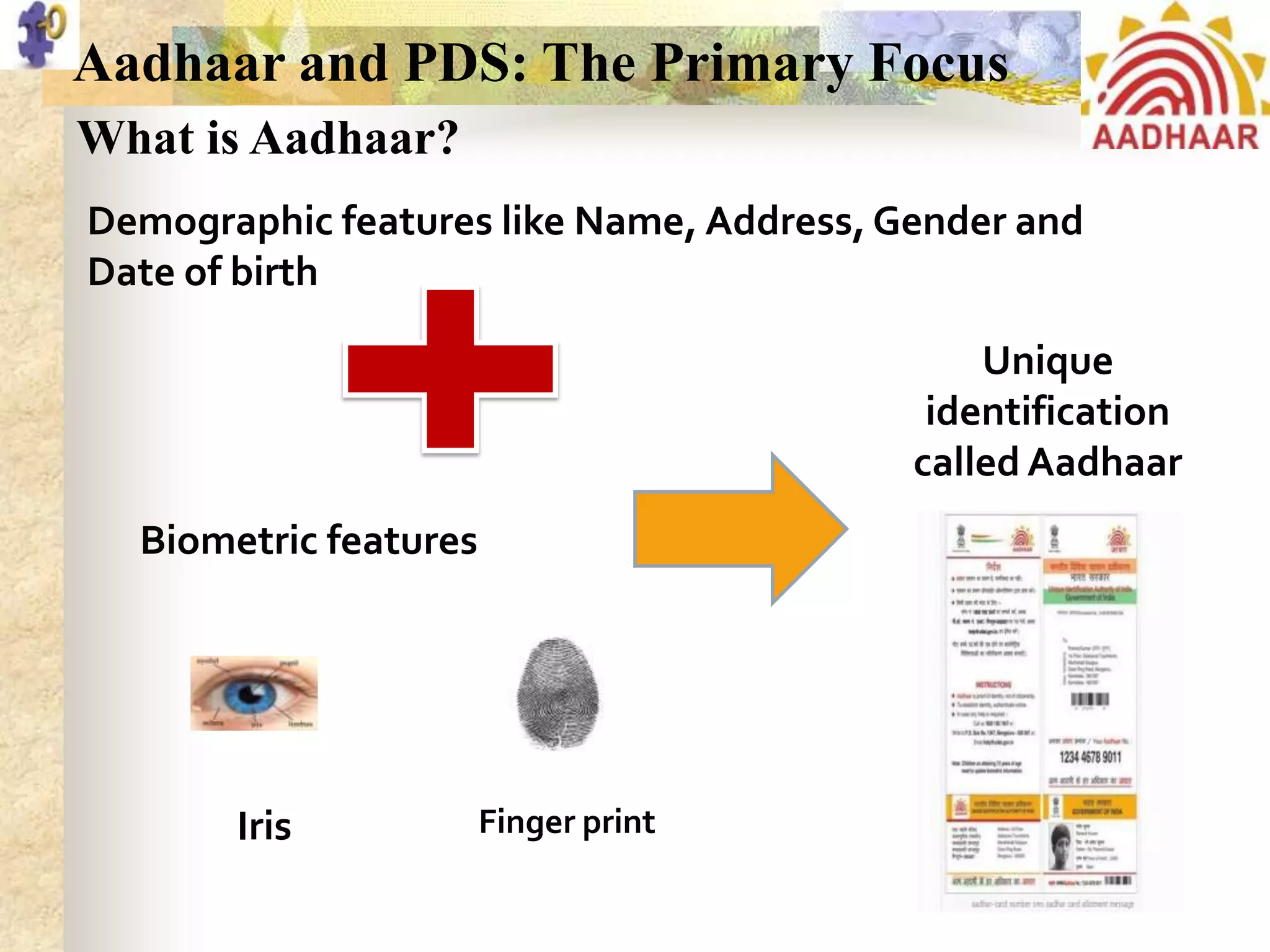 Aadhaar and PDS: The Primary Focus
What is Aadhaar?
Demographic features like Name, Address, Gender and
Date of birth
Unique
identification
called Aadhaar

Biometric features

Iris

Finger print

 