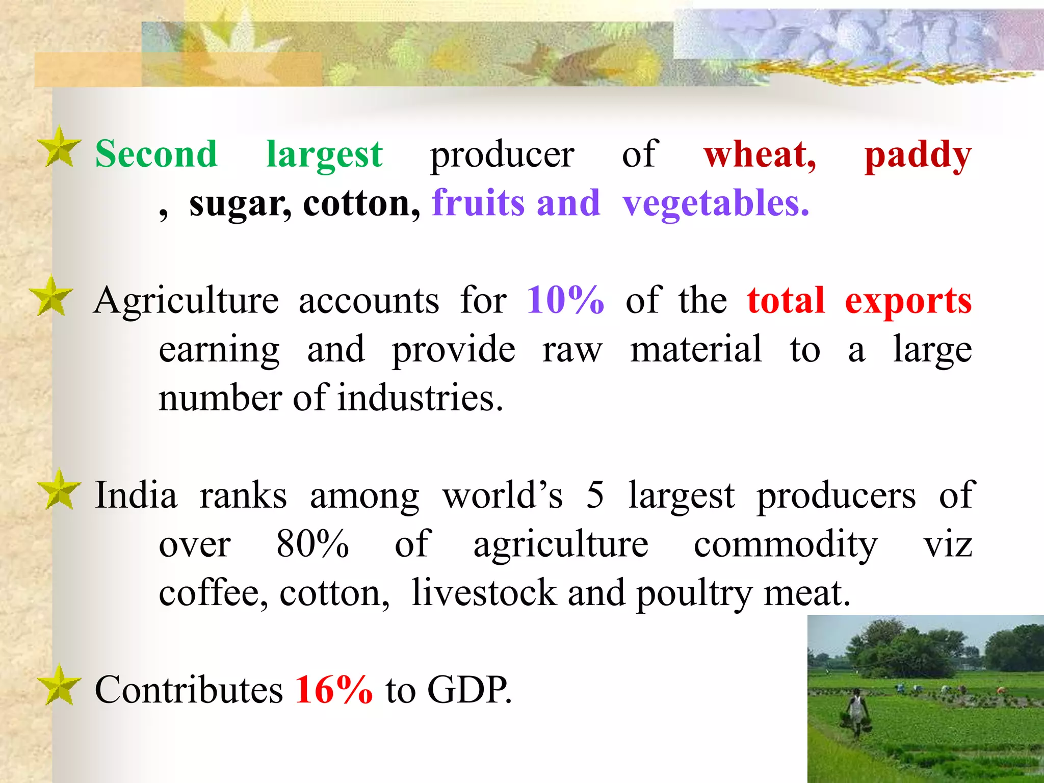 Second largest producer of wheat,
, sugar, cotton, fruits and vegetables.

paddy

Agriculture accounts for 10% of the total exports
earning and provide raw material to a large
number of industries.
India ranks among world’s 5 largest producers of
over 80% of agriculture commodity viz
coffee, cotton, livestock and poultry meat.
Contributes 16% to GDP.

 