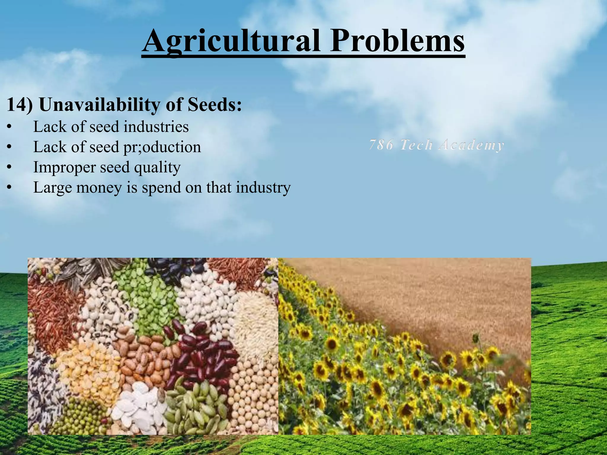 Agricultural Problems
14) Unavailability of Seeds:
• Lack of seed industries
• Lack of seed pr;oduction
• Improper seed quality
• Large money is spend on that industry
 