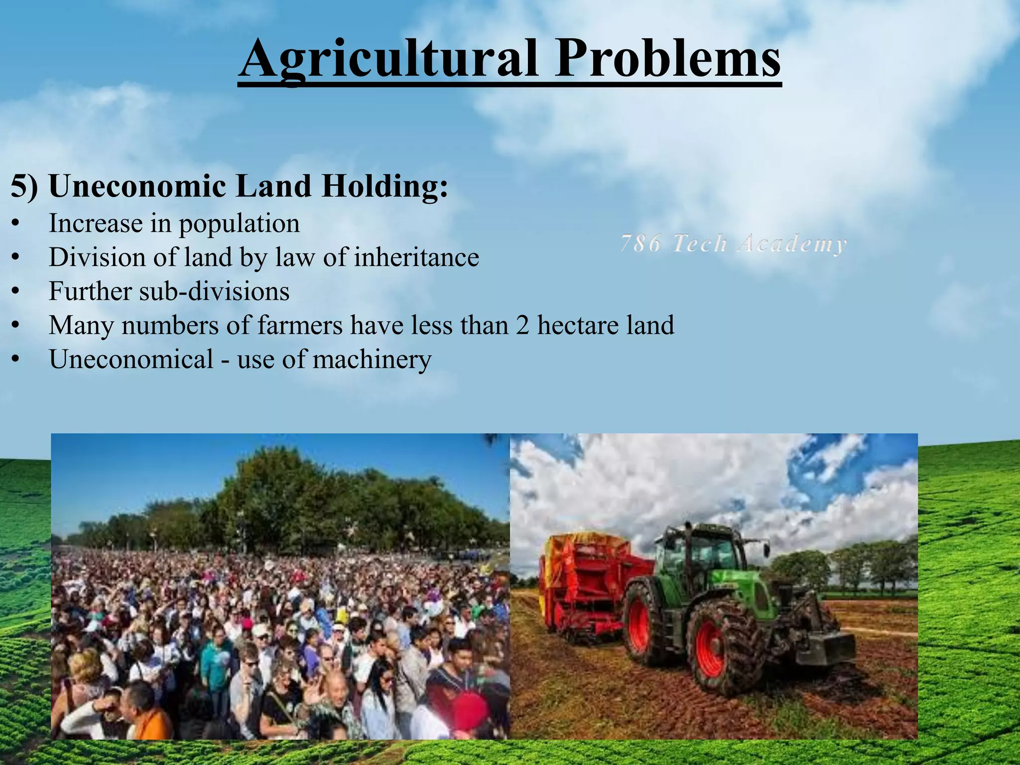 Agricultural Problems
5) Uneconomic Land Holding:
• Increase in population
• Division of land by law of inheritance
• Further sub-divisions
• Many numbers of farmers have less than 2 hectare land
• Uneconomical - use of machinery
 