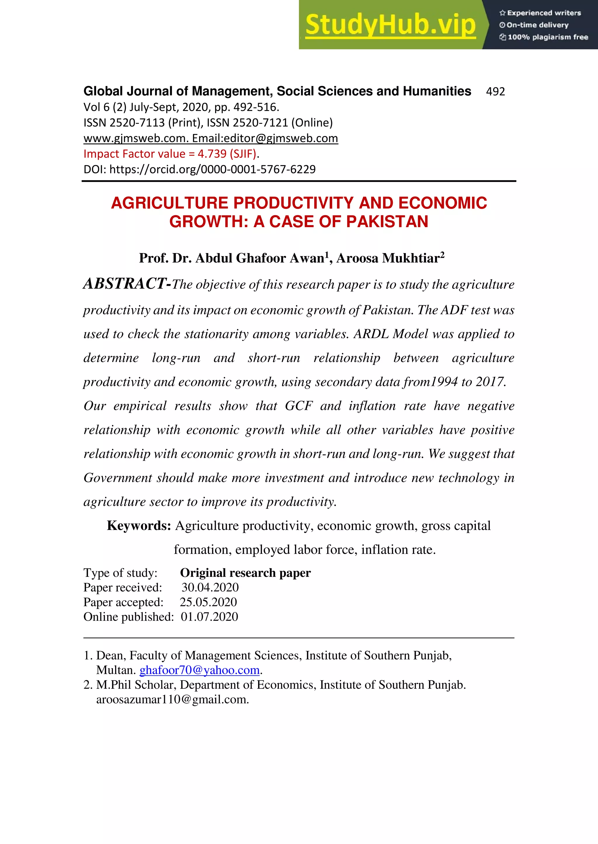 AGRICULTURE PRODUCTIVITY AND ECONOMIC GROWTH A CASE OF PAKISTAN | PDF