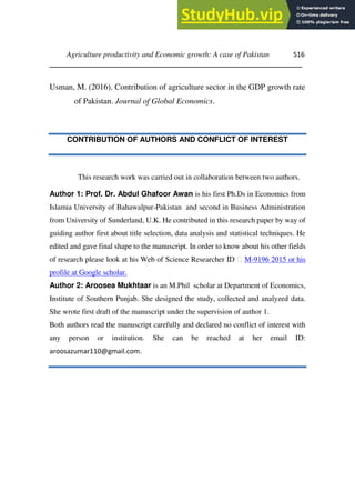 AGRICULTURE PRODUCTIVITY AND ECONOMIC GROWTH A CASE OF PAKISTAN | PDF