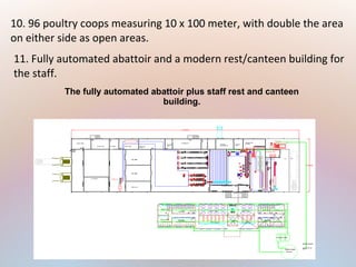 10. 96 poultry coops measuring 10 x 100 meter, with double the area
on either side as open areas.
11. Fully automated abattoir and a modern rest/canteen building for
the staff.
The fully automated abattoir plus staff rest and canteen
building.
 