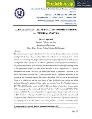 AGRICULTURE SECTOR AND RURAL DEVELOPMENT IN INDIA AN EMPIRICAL ANALYSIS ...