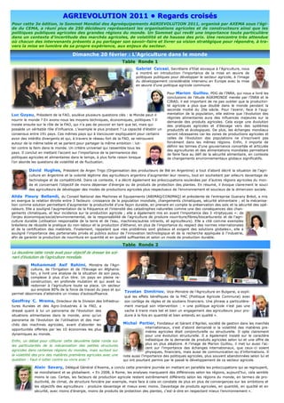 AGRIEVOLUTION 2011 • Regards croisés
Pour cette 3e édition, le Sommet Mondial des Agroéquipements AGRIEVOLUTION 2011, organisé par AXEMA sous l’égi-
de du CEMA, a réuni plus de 250 décideurs représentant les organisations agricoles et de constructeurs ainsi que les
politiques publiques agricoles des grandes régions du monde. Un Sommet qui revêt une importance toute particulière
dans un contexte d’incertitude des marchés agricoles, de volatilité et de hausse des prix. Une rencontre très attendue
où chacun des intervenants présents a pu partager son savoir-faire et livrer sa vision stratégique pour répondre, à tra-
vers la mise en lumière de sa propre expérience, aux enjeux du secteur.

                                    Dimanche 20 février : L’Agriculture dans le monde
                                                                   Table Ronde 1
                                                                           Gabriel Csicsai, Secrétaire d’Etat slovaque à l’Agriculture, nous
                                                                           a montré en introduction l’importance de la mise en œuvre de
                                                                           politiques publiques pour développer le secteur agricole, à l’image
                                                                           du développement considérable intervenu en Europe avec la mise
                                                                           en œuvre d’une politique agricole commune.

                                                                                              Pour Marion Guillou, PDG de l’INRA, qui nous a livré les
                                                                                              conclusions de l’étude AGRIMONDE menée par l’INRA et le
                                                                                              CIRAD, il est important de ne pas oublier que la productivi-
                                                                                              té agricole a plus que doublé dans le monde pendant la
                                                                                              seconde moitié du 20e siècle. Pour l’avenir, face à l’aug-
Luc Guyau, Président de la FAO, soulève plusieurs questions clés : le Monde peut-il           mentation de la population, elle estime que l’évolution des
                                                                                              régimes alimentaires aura des influences majeures sur la
nourrir le monde ? En avons-nous les moyens techniques, économiques, politiques ? Il
                                                                                              demande des produits agricoles. Cela exige une évolution
insiste ensuite sur le rôle de la FAO, qui n’a pas de pouvoir en tant que tel, mais qui       des pratiques agricoles et d’élevage vers des systèmes
possède un véritable rôle d’influence. L’exemple le plus probant ? La capacité d’établir un   productifs et écologiques. De plus, les échanges mondiaux
consensus entre 191 pays. Ces mêmes pays qui à Vancouver expliquaient pour certains           seront nécessaires car les zones de productions agricoles et
avoir des intérêts divergents et qui, à travers le réseau fort de la FAO, se retrouvent       celles de l’évolution des populations ne s’inscrivent pas
autour de la même table et se parlent pour partager la même ambition : lut-                   forcément dans les mêmes régions. Enfin, il importe de
                                                                                              définir les termes d’une gouvernance concertée et articulée
ter contre la faim dans le monde. Un critère universel qui rassemble tous les
                                                                                              des agricultures et des alimentations mondiales permettant
pays. Il conclut en mettant l’accent sur l’importance de la permanence des
                                                                                              de faire face au défi de la sécurité alimentaire, en contexte
politiques agricoles et alimentaires dans le temps, à plus forte raison lorsque               de changements environnementaux globaux significatifs.
l’on aborde les questions de volatilité et de fluctuation.

          David Hughes, Président de Argen Trigo (Organisation des producteurs de Blé en Argentine) a tout d’abord décrit la situation de l’agri-
          culture en Argentine et la volonté légitime des agriculteurs argentins d’augmenter leur revenu, tout en souhaitant par ailleurs davantage de
          technologie et de compétitivité. Dans ce contexte, il a décrit également les préoccupations soulevées par d’autres régions ag ricoles du mon-
          de et concernant l’objectif de moins dépenser d’énergie ou de produits de protection des plantes. En résumé, il évoque claire ment le souci
          des agriculteurs de développer des modes de productions agricoles plus respectueux de l’environnement et soucieux de la dimension sociale.

Alida Fleury Bellandi, du Conseil National des Machines et Equipements (ABIMAQ/CONIMAQ) et présidente de l’entreprise Guarany Brésil, a mis
en exergue la relation étroite entre 3 facteurs: croissance de la population mondiale, changements climatiques, sécurité alimentaire ; et la mécanisa-
tion comme solution permettant d’augmenter la productivité d'une façon durable, en prenant en compte la préservation des sols et la sécurité des opé-
rateurs. Elle a souligné l'augmentation de la fréquence et l'intensité des catastrophes naturelles comme une des conséquences des chan-
gements climatiques, et leur incidence sur la production agricole ; elle a également mis en avant l’importance des 3 «triptyques »: de
l’enjeu économique/social/environnemental, de la responsabilité de l’agriculture de produire nourriture/fibres/biocarburants et de l’agri-
culture durable (utilisation responsable de la terre et de l’eau, machines/autres intrants, et agriculteurs). Elle a cité comme exemples
brésiliens de réussite la pratique du non-labour et la production d'éthanol, en plus de l’importance du respect des normes internationales
et de la certification des matériels. Finalement, rappelant que «les problèmes sont globaux et exigent des solutions globales», elle a
souligné l'importance des partenariats privés et publics autour de l'innovation technologique et de la recherche appliquée à l'industrie,
afin de garantir la production de nourriture en quantité et en qualité suffisantes et selon un mode de production durable.

                                                                   Table Ronde 2
La deuxième table ronde avait pour objectif de dresser les scé-
narii d’évolution de l’agriculture mondiale.
           Mohammad Asif Rahimi, Ministre de l’Agri-
          culture, de l’Irrigation et de l’Elevage en Afghanis-
          tan, a livré une analyse de la situation de son pays,
          complexe à plus d’un titre. Un pays en pleine re-
          construction, en profonde mutation et qui avait su
          redonner à l’agriculture toute sa place. Un secteur
          qui emploie 80% de la force de travail du pays et qui
                                                                    Tzvetan Dimitriov, Vice-Ministre de l’Agriculture en Bulgarie, a expli-
permet désormais d’atteindre un niveau d’autosuffisance.
                                                                    qué les effets bénéfiques de la PAC (Politique Agricole Commune) avec
Geoffrey C. Mrema, Directeur de la Division des Infrastruc-         son cortège de règles et de soutiens financiers. Une phrase a particulière-
tures Rurales et des Agro-Industries à la FAO, a                    ment marqué son intervention : « une politique agricole n’est pas une
dressé quant à lui un panorama de l’évolution des                   vache à traire mais bel et bien un engagement des agriculteurs pour pro-
situations alimentaires dans le monde, ainsi qu’un                  duire à la fois en quantité et bien entendu en qualité ».
panorama de l’évolution de l’utilisation et des mar-
chés des machines agricoles, avant d’aborder les                   Michel Portier, Fondateur et Gérant d’Agritel, société de gestion dans les marchés
                                                                                 internationaux, s’est d’abord demandé si la volatilité des matières pre-
opportunités offertes par les 10 économies les plus
                                                                                 mières agricoles était conjoncturelle ou structurelle. Il opte clairement
dynamiques au monde.                                                             pour une évolution structurelle. Il a également insisté sur le caractère
Enfin, un débat pour clôturer cette deuxième table ronde sur                     inélastique de la demande de produits agricoles selon lui et une offre de
                                                                                 plus en plus aléatoire. A l’image de Marion Guillou, il met lui aussi l’ac-
les particularités de la mécanisation des petites structures
                                                                                 cent sur l’importance des échanges internationaux, que ceux-ci soient
agricoles dans certaines régions du mondes, mais surtout sur
                                                                                 physiques, financiers, mais aussi de communication ou d’informations. Il
la volatilité des prix des matières premières agricoles avec une   note aussi l’importance des politiques agricoles, plus souvent abandonnées selon lui et
question : Faut-il lutter contre ou vivre avec ?                   qui ont pourtant permis par le passé le développement de ce secteur agricole.

             Alain Savary, Délégué Général d’Axema, a conclu cette première journée en mettant en parallèle les préoccupations qui se regroupent,
             se mondialisent et se globalisent. « En 2008, à Rome, les analyses marquaient des différences selon les régions, aujourd’hui, cela semble
             moins le cas. Certes, les facteurs de production agricole restent extrêmement différents selon les régions du monde, en termes de pro-
             ductivité, de climat, de structure foncière par exemple, mais face à cela on constate de plus en plus de convergences sur les ambitions et
             les objectifs des agriculteurs : produire davantage et mieux avec moins. Davantage de produits agricoles, en quantité, en qua lité et en
             sécurité, avec moins d’énergie, moins de produits de protection des plantes, c'est-à-dire en respectant mieux l’environnement ».
 