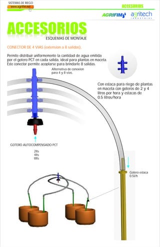 ACCESORIOS
ACCESORIOSESQUEMAS DE MONTAJE
CONECTOR DE 4 VIAS (extension a 8 salidas),
Permite distribuir uniformemente la cantidad de agua emitida
por el gotero PCT en cada salida, ideal para plantas en maceta.
Este conector permite acoplarse para brindarle 8 salidas.
Alternativa de conexion
para 4 y 8 vias.
Con estaca para riego de plantas
en maceta con goteros de 2 y 4
litros por hora y estacas de
0.5 litros/hora
Gotero estaca
0.5l/h
GOTERO AUTOCOMPENSADO PCT
2lts
4lts
8lts
SISTEMAS DE RIEGO
www.agrifim.net
 