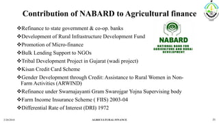Contribution of NABARD to Agricultural finance
Refinance to state government & co-op. banks
Development of Rural Infrastructure Development Fund
Promotion of Micro-finance
Bulk Lending Support to NGOs
Tribal Development Project in Gujarat (wadi project)
Kisan Credit Card Scheme
Gender Development through Credit: Assistance to Rural Women in Non-
Farm Activities (ARWIND)
Refinance under Swarnajayanti Gram Swarojgar Yojna Supervising body
Farm Income Insurance Scheme ( FIIS) 2003-04
Differential Rate of Interest (DRI) 1972
3/20/2018 AGRICULTURAL FINANCE 21
 