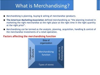 What is Merchandising?
Merchandising is planning, buying & selling of merchandise (product).
The American Marketing Association defined merchandising as ―the planning involved in
marketing the right merchandise at the right place at the right time in the right quantity
at the right price‖.
Merchandising can be termed as the analysis, planning, acquisition, handling & control of
the merchandise investments of a retail operation.
Factors affecting the merchandising function
Merchandising
function
Size of
organization
Types of stores
Organization
structure
Merchandising
tobecarried
 