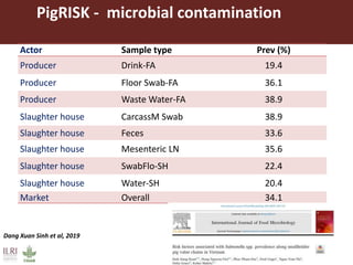 Actor Sample type Prev (%)
Producer Drink-FA 19.4
Producer Floor Swab-FA 36.1
Producer Waste Water-FA 38.9
Slaughter house CarcassM Swab 38.9
Slaughter house Feces 33.6
Slaughter house Mesenteric LN 35.6
Slaughter house SwabFlo-SH 22.4
Slaughter house Water-SH 20.4
Market Overall 34.1
PigRISK - microbial contamination
Dang Xuan Sinh et al, 2019
 