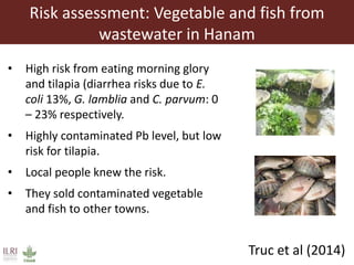 Risk assessment: Vegetable and fish from
wastewater in Hanam
• High risk from eating morning glory
and tilapia (diarrhea risks due to E.
coli 13%, G. lamblia and C. parvum: 0
– 23% respectively.
• Highly contaminated Pb level, but low
risk for tilapia.
• Local people knew the risk.
• They sold contaminated vegetable
and fish to other towns.
Truc et al (2014)
 