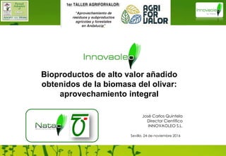 Sevilla, 24 de noviembre 2016
José Carlos Quintela
Director Científico
INNOVAOLEO S.L.
Bioproductos de alto valor añadido
obtenidos de la biomasa del olivar:
aprovechamiento integral
 