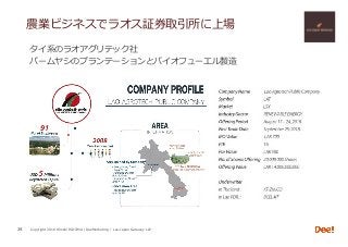 Copyright 2018 Hiroshi ISOJIMA / DeeMarketing / Lao-Japan Gateway LLP
農業ビジネスでラオス証券取引所に上場
24
タイ系のラオアグリテック社
パームヤシのプランテーションとバイオフューエル製造
 