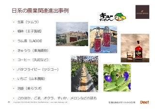 Copyright 2018 Hiroshi ISOJIMA / DeeMarketing / Lao-Japan Gateway LLP
⽇系の農業関連進出事例
•  ⽣薬（ツムラ）
•  植林（王⼦製紙）
•  ラム酒（LAODI）
•  きゅうり（東海漬物）
•  コーヒー（丸紅など）
•  バタフライピー（ツジコー）
•  いちご（⼭本農園）
•  泡盛（美らラオ）
•  このほか、ごま、オクラ、すいか、メロンなどの話も
25 写真は各社のサイトから引⽤
 