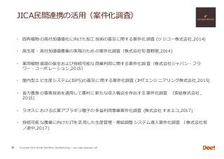 Copyright 2018 Hiroshi ISOJIMA / DeeMarketing / Lao-Japan Gateway LLP
JICA⺠間連携の活⽤（案件化調査）
•  固有植物の⾼付加価値化に向けた加⼯技術の普及に関する案件化調査 (ツジコー株式会社,2014)
•  ⾼⽣産・⾼付加価値農業の実現のための案件化調査（株式会社旬喜野恵,2014)
•  薬⽤植物資源の保全および持続可能な商業利⽤に関する案件化調査（株式会社ジャパン・フラ
ワー・コーポレーション,2015）
•  屋内型エビ⽣産システム(ISPS)の普及に関する案件化調査 (IMTエンジニアリング株式会社,2015)
•  省⼒養蚕の要素技術を適⽤して農村に新たな収⼊機会を作出する案件化調査 （紫紘株式会社,
2015)
•  ラオスにおける広東アブラギリ種⼦の多益利⽤事業案件化調査 (株式会社すまエコ,2017)
•  持続可能な農業に向けたITを活⽤した⽣産管理・需給調整システム導⼊案件化調査 （株式会社坂
ノ途中,2017)
26
 