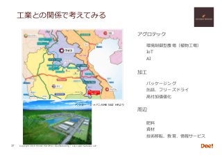 Copyright 2018 Hiroshi ISOJIMA / DeeMarketing / Lao-Japan Gateway LLP
⼯業との関係で考えてみる
37
アグロテック
環境制御型農場（植物⼯場）
IoT
AI
加⼯
パッケージング
⽸詰、フリーズドライ
⾼付加価値化
周辺
肥料
資材
技術移転、教育、情報サービス
パクセー・ジャパンSME SEZ HPより
 