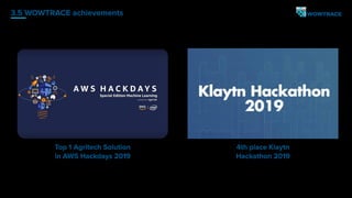 3.5 WOWTRACE achievements
Top 1 Agritech Solution
in AWS Hackdays 2019
4th place Klaytn
Hackathon 2019
 