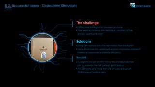 5.2. Successful cases - L’indochine Chocolate
The challenge
L’indochine is a High-end chocolate producer
They want to convince their fastidious customers of the
product quality and origin
Solutions
Using QR codes to track the information from Blockchain
Using Blockchain for updating all product information instead of
traditional paperwork to enhance efficiency
Result
Customers can get all information about product journey
just by scanning the QR codes of each product
The company save more than 10% of costs and cut off
23.8% time of handling data
 