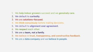 1. We help indoor growers succeed and we genuinely care.
2. We default to curiosity.
3. We are solutions-focused.
4. We think consciously before making decisions.
5. We default to alignment over agreement.
6. We respect each other.
7. We are a team, not a family.
8. We believe in trust, transparency, and constructive feedback.
9. We are a data company and we believe in people.
 