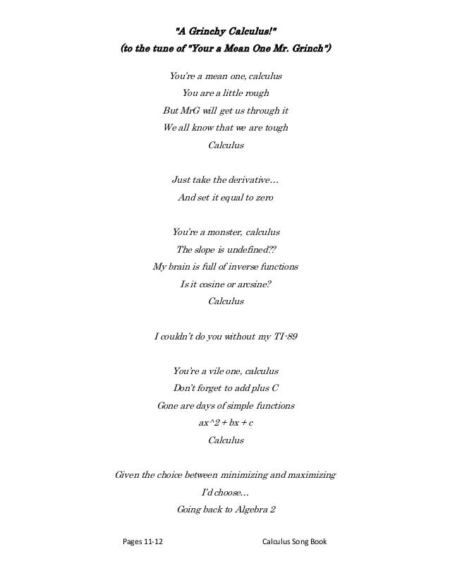 A Grinchy Calculus Calc Song Book Pp11 12