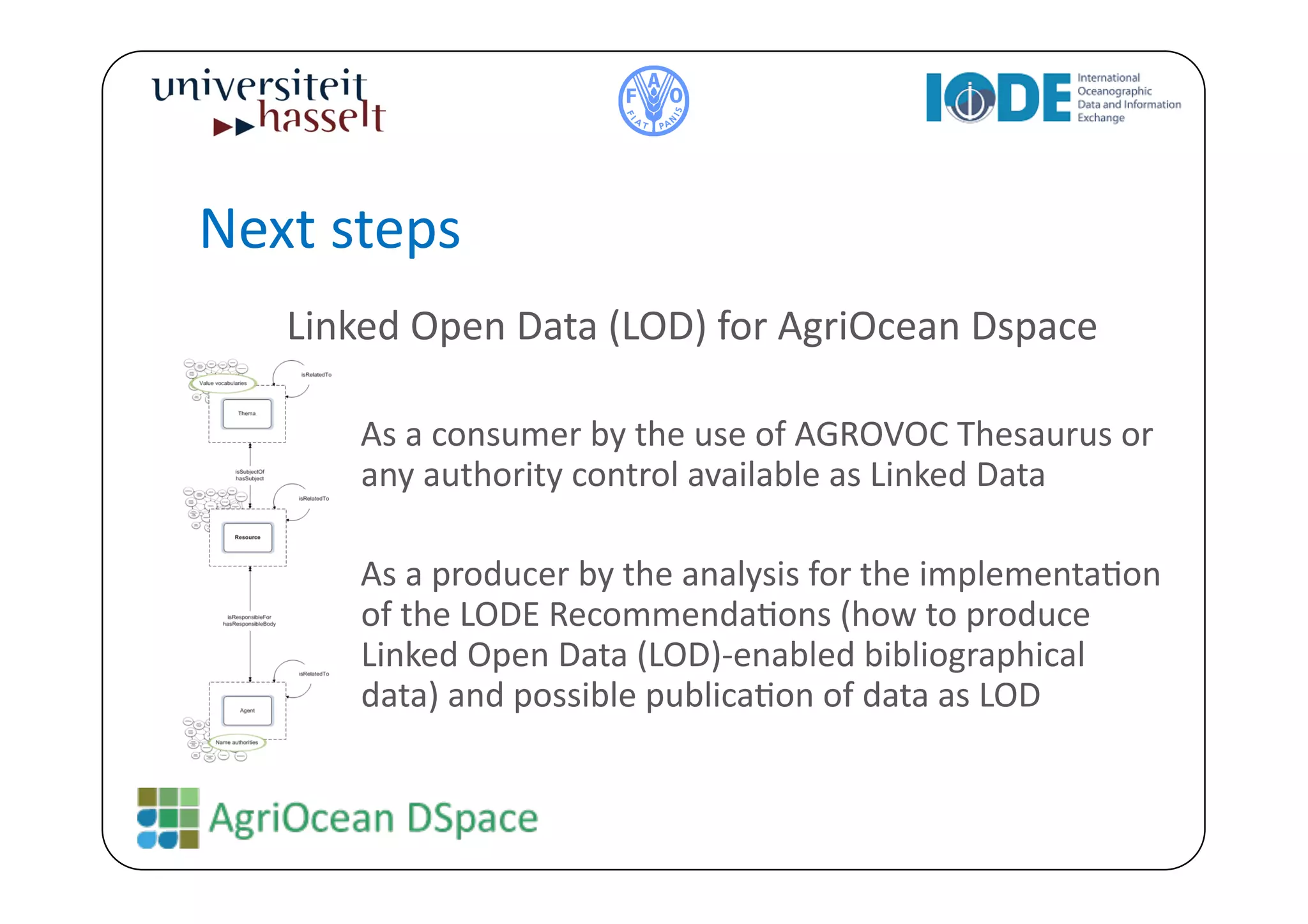 Next	
  steps	
  
     Linked	
  Open	
  Data	
  (LOD)	
  for	
  AgriOcean	
  Dspace	
  

          	
  As	
  a	
  consumer	
  by	
  the	
  use	
  of	
  AGROVOC	
  Thesaurus	
  or	
  
              any	
  authority	
  control	
  available	
  as	
  Linked	
  Data	
  

          	
  As	
  a	
  producer	
  by	
  the	
  analysis	
  for	
  the	
  implementaBon	
  
              of	
  the	
  LODE	
  RecommendaBons	
  (how	
  to	
  produce	
  
              Linked	
  Open	
  Data	
  (LOD)-­‐enabled	
  bibliographical	
  
              data)	
  and	
  possible	
  publicaBon	
  of	
  data	
  as	
  LOD	
  
 