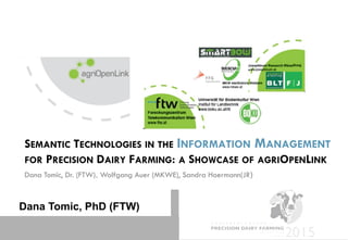 SEMANTIC TECHNOLOGIES IN THE INFORMATION MANAGEMENT
FOR PRECISION DAIRY FARMING: A SHOWCASE OF AGRIOPENLINK
Dana Tomic, Dr. (FTW), Wolfgang Auer (MKWE), Sandra Hoermann(JR)
Dana Tomic, PhD (FTW)
 