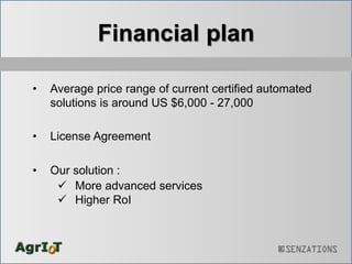 Financial plan
• Average price range of current certified automated
solutions is around US $6,000 - 27,000
• License Agreement
• Our solution :
 More advanced services
 Higher RoI
 