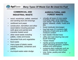 7
COMMERCIAL AND
INDUSTRIAL WASTE
• wood, woodchips, pellets, sawdust
and sanding dust and shavings
• cardboard and paper
• construction, demolition and other
wood debris including plywood
(with glue) and painted and
creosote treated wood
• other wood waste including
pallets, crates and boxes
• discarded fruits and vegetables
• food waste
• many types of plastic waste
including bottles, containers and
pallets
• municipal waste water sludge
AGRICULTURAL AND
FOREST WASTE
• virtually all types of crop waste
including sugar cane bagasse,
corn stover, rice hulls and husks,
grains, oilseeds, shells, husks and
pits
• forest residuals (stumpage)
• hog fuel even if it contains high
amounts of bark and up to 50%
moisture content
• bark beetle-infected trees
• utility and road clearing tree and
brush trimmings
• “Green Waste”
• rapidly growing renewable fuel
crops including jatropha, poplars,
willows and switchgrass
• nuisance plant materials such as
weeds, invader and thorn bush
• cow, horse, poultry and other
manure
Many Types Of Waste Can Be Used As Fuel
 