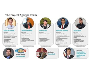 The Project Agrippa Team
Project Sponsor
Dr. Jason Stack
Professor
Steve Blank
Professor
Dr. Joe Felter,
DASD South and
Southeast Asia
(Fmr.)
David Hoyt
Education
- JDStanford Law‘20
- MBAStanford GSB‘20
- BAInternational Relations ‘13,
Stanford
Work Experience
- Venture Capital Investing
- Technology &Start-ups
- Law
- Consulting
- Automotive Industry
dhoyt@stanford.edu
Jonathan Deemer
Education
- JDStanford Law‘23
- MAInternational Policy ‘23
- BAInternational Relations, Union
College, NE
- BS Business Administration,
Union College, NE
Work Experience
- DIU-funded cUAS start-up
- Think tanks (Hoover, AEI,
Hudson)
jdeemer@stanford.edu
Jack Carney
Education
- BAEconomics ‘21, Stanford
Work Experience
- Management Consulting
- AviationConsulting
- FintechStart-up
jcarney@stanford.edu
William Healzer
Education
- BAHPolitical Science and
History ‘22, Stanford
Work Experience
- Defense Technology
- Think tanks (CSIS, IST, Hoover
Institution)
whealzer@stanford.edu
Kyle Duchynski
Education
- MS Management Science &
Engineering ‘22, Stanford
- BAEconomics and International
Security Studies ‘21, Stanford
Work Experience
- OSD-Policy
- Private Equity
- House of Representatives
(Rep.
ColleenHanabusa)
kyleduke@stanford.edu
 