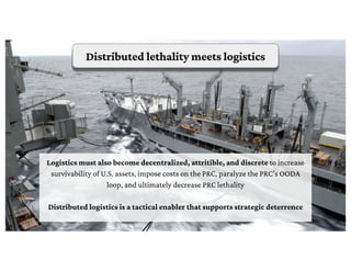 Distributed lethality meets logistics
Logistics must also become decentralized, attritible, and discrete to increase
survivability of U.S. assets, impose costs on the PRC, paralyze the PRC’s OODA
loop, and ultimately decrease PRC lethality
Distributed logistics is a tactical enabler that supports strategic deterrence
 