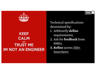 Technical specifications
determined by:
1. Arbitrarily define
requirements;
2. Ask for feedback from
SMEs;
3. Refine across 350+
interviews
5
 