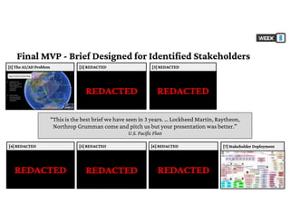 Final MVP - Brief Designed for Identified Stakeholders
[1] The A2/AD Problem [2] REDACTED [3] REDACTED
[4] REDACTED [5] REDACTED [6] REDACTED [7] Stakeholder Deployment
REDACTED REDACTED
REDACTED REDACTED REDACTED
“This is the best brief we have seen in 3 years. … Lockheed Martin, Raytheon,
Northrop Grumman come and pitch us but your presentation was better.”
U.S. Pacific Fleet
 