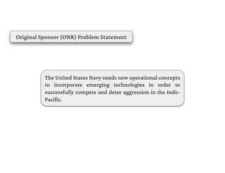 The United States Navy needs new operational concepts
to incorporate emerging technologies in order to
successfully compete and deter aggression in the Indo-
Pacific.
Original Sponsor (ONR) Problem Statement
 