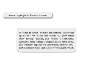 In order to retain credible conventional deterrence
against the PRC in the Indo-Pacific, U.S. joint forces
must develop, acquire, and employ a distributed,
survivable force to impose increased costs for the PRC.
This strategy depends on distributed, discrete, low-
cost logistics systems that can survive within the WEZ.
Project Agrippa Problem Statement
 
